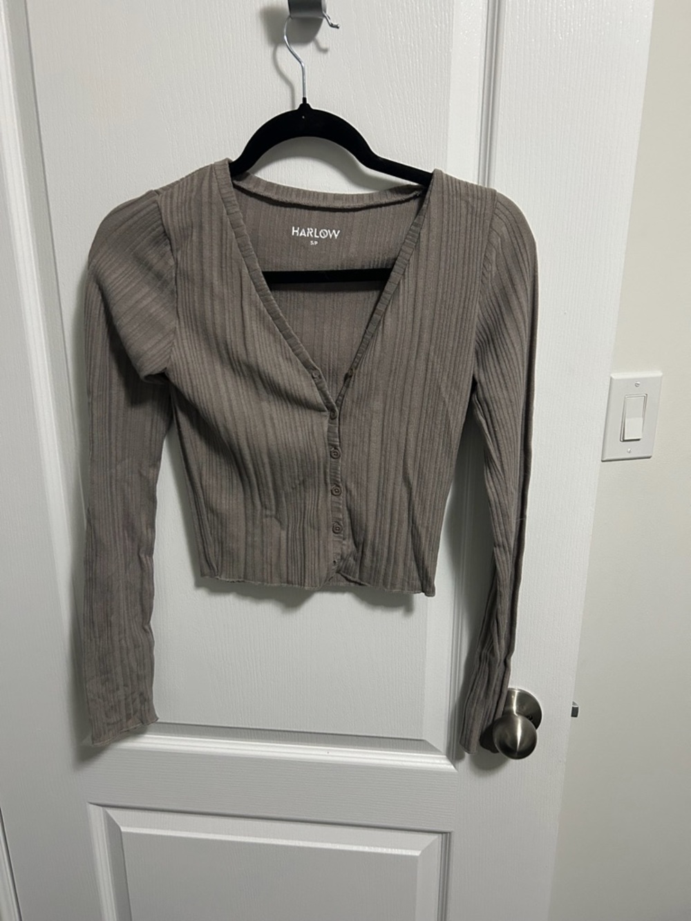 Harlow Ribbed Button-Front Long Sleeve Top in Taupe